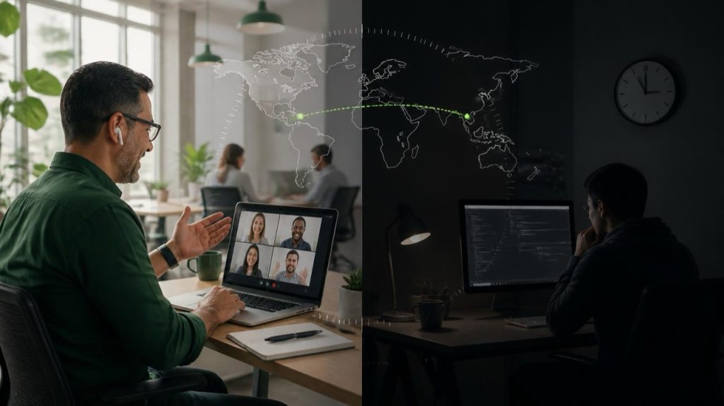 Nearshore vs offshore hiring: an engineer on a daytime video call with a US team beside a developer working late at night in a distant time zone